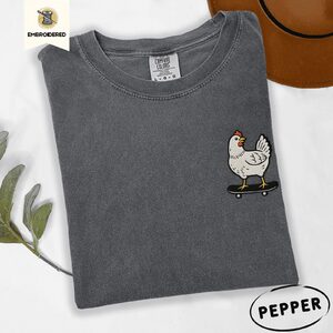 Pepper Skateboarding Chicken Embroidered T-Shirt