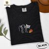 Black Skeleton Cat and Pumpkins Embroidered T-Shirt