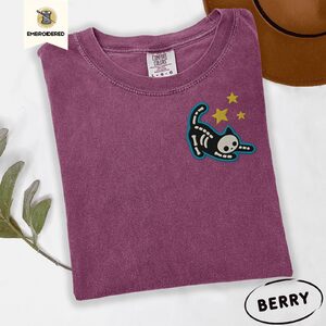 Berry Skeleton Cat and Stars Embroidered T-Shirt