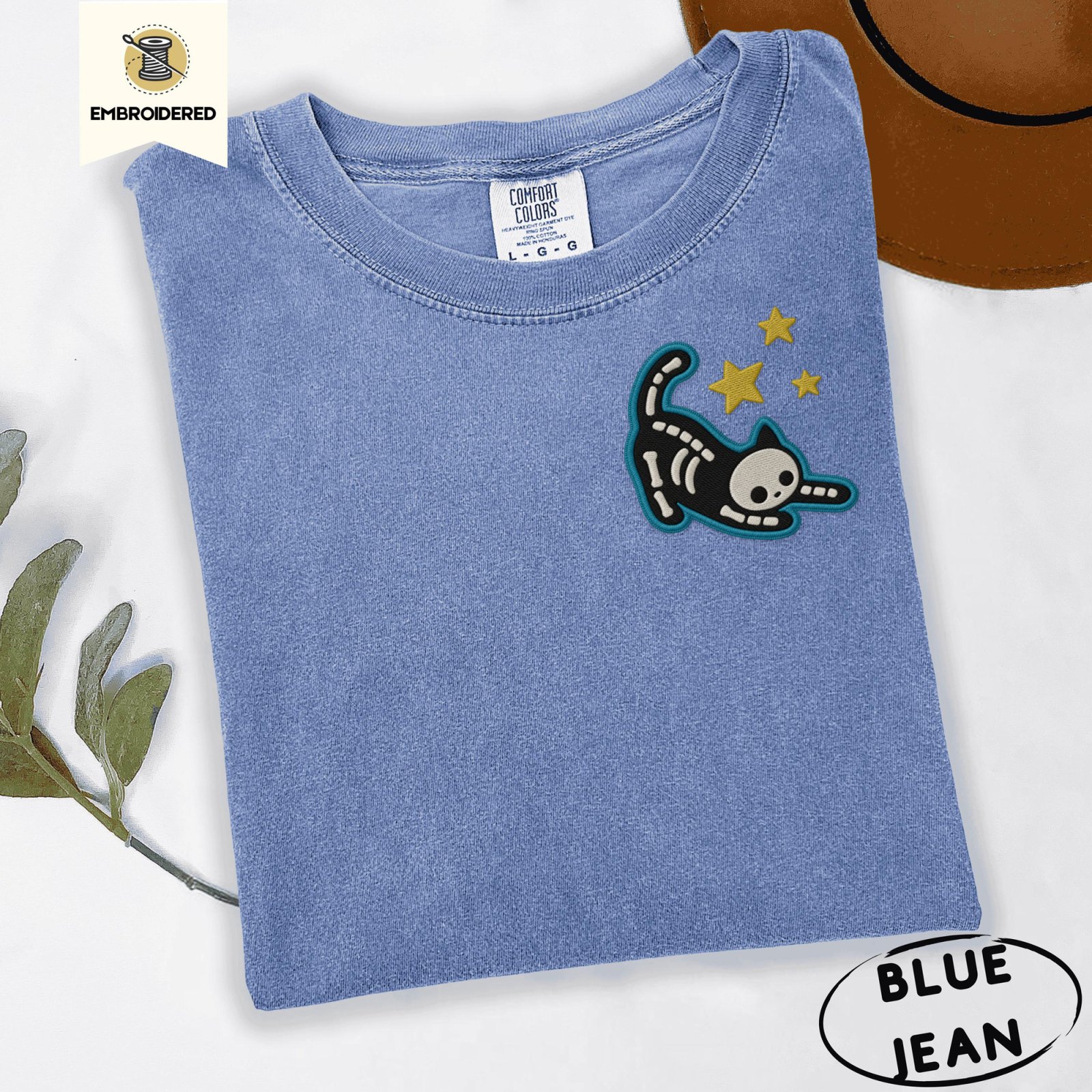 Blue Jean Skeleton Cat and Stars Embroidered T-Shirt