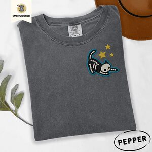 Pepper Skeleton Cat and Stars Embroidered T-Shirt