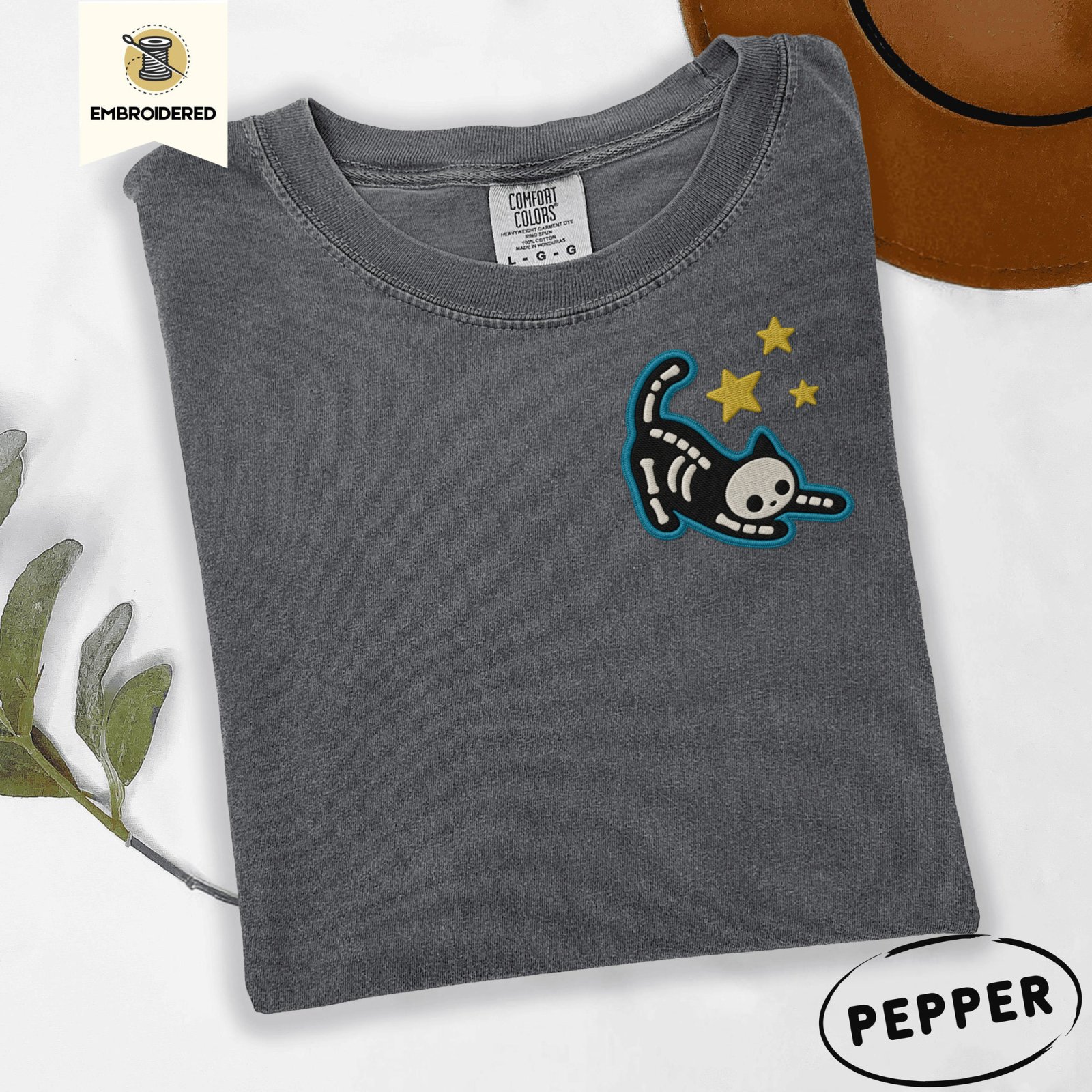 Pepper Skeleton Cat and Stars Embroidered T-Shirt