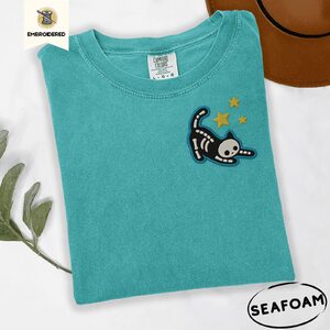 Seafoam Skeleton Cat and Stars Embroidered T-Shirt