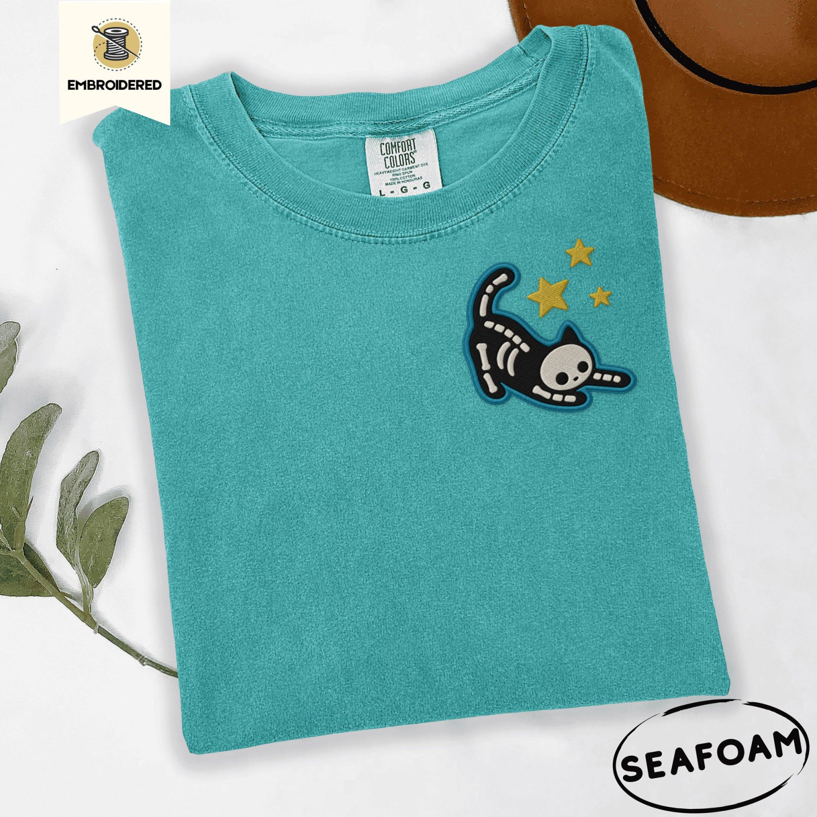 Seafoam Skeleton Cat and Stars Embroidered T-Shirt
