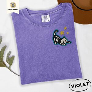 Violet Skeleton Cat and Stars Embroidered T-Shirt