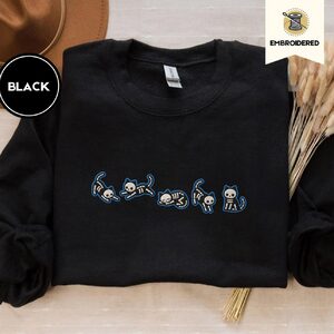 Black Skeleton Cats Embroidered Sweatshirt