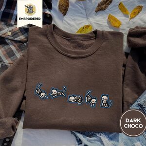 Dark Chocolate Skeleton Cats Embroidered Sweatshirt