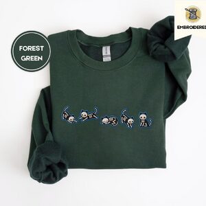 Forest Green Skeleton Cats Embroidered Sweatshirt