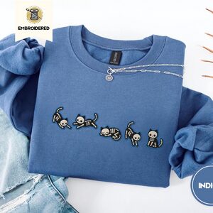 Indigo Blue Skeleton Cats Embroidered Sweatshirt
