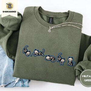 Military Green Skeleton Cats Embroidered Sweatshirt