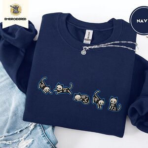 Navy Skeleton Cats Embroidered Sweatshirt