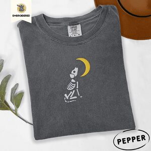 Pepper Skeleton Dog Moon Embroidered T-Shirt