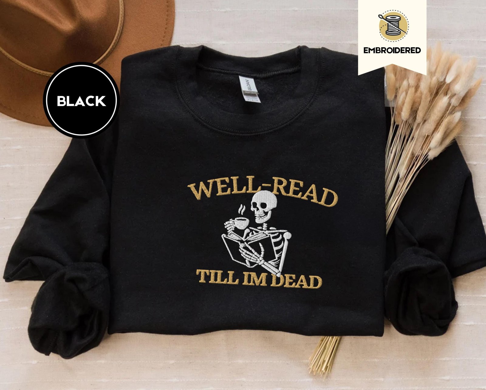 Black Skeleton Reader Embroidered Sweatshirt