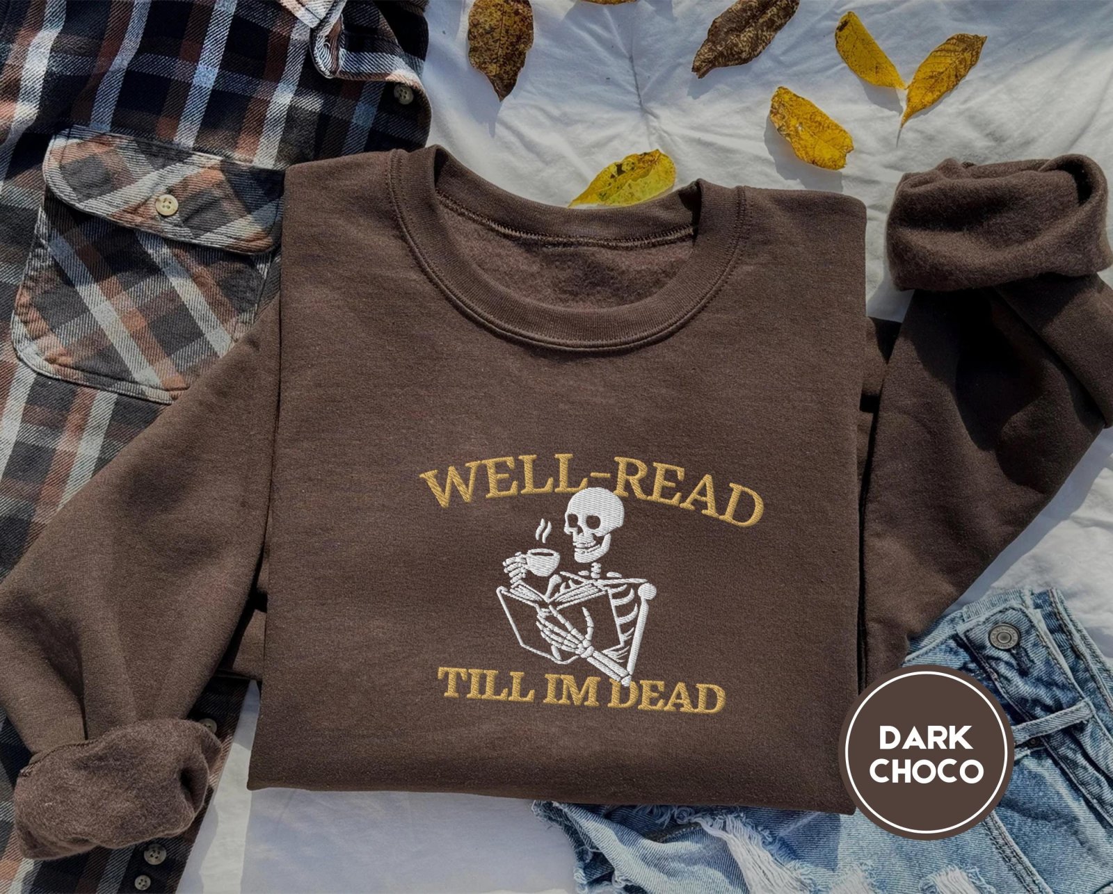 Dark Chocolate Skeleton Reader Embroidered Sweatshirt