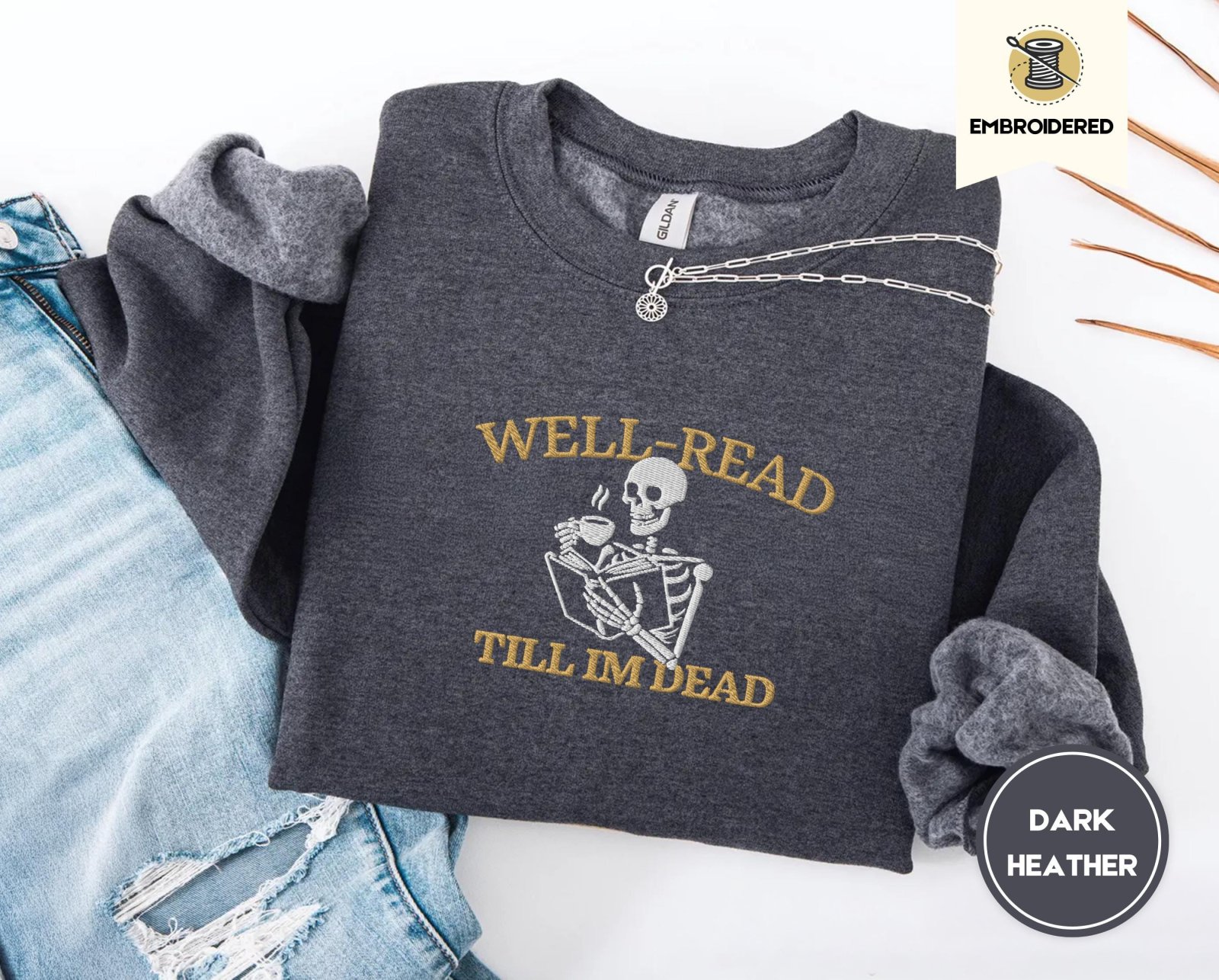 Dark Heather Skeleton Reader Embroidered Sweatshirt