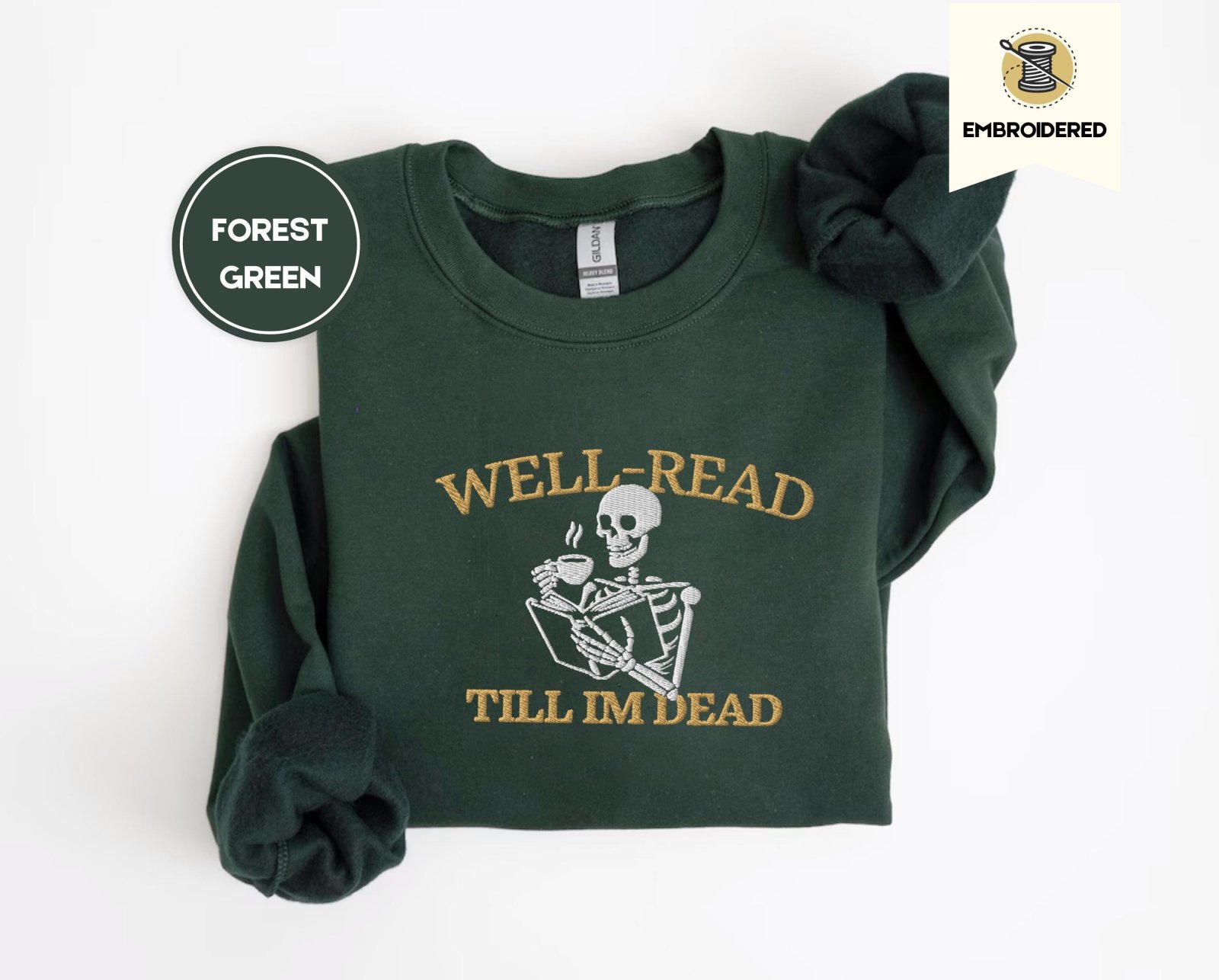Forest Green Skeleton Reader Embroidered Sweatshirt