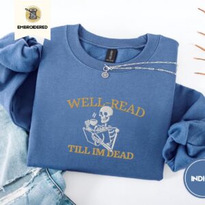 Indigo Blue Skeleton Reader Embroidered Sweatshirt