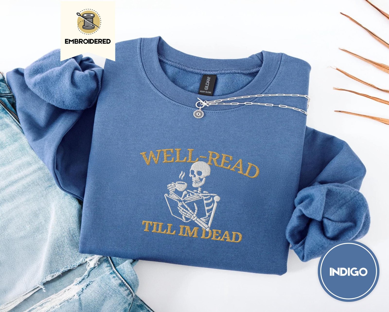 Indigo Blue Skeleton Reader Embroidered Sweatshirt