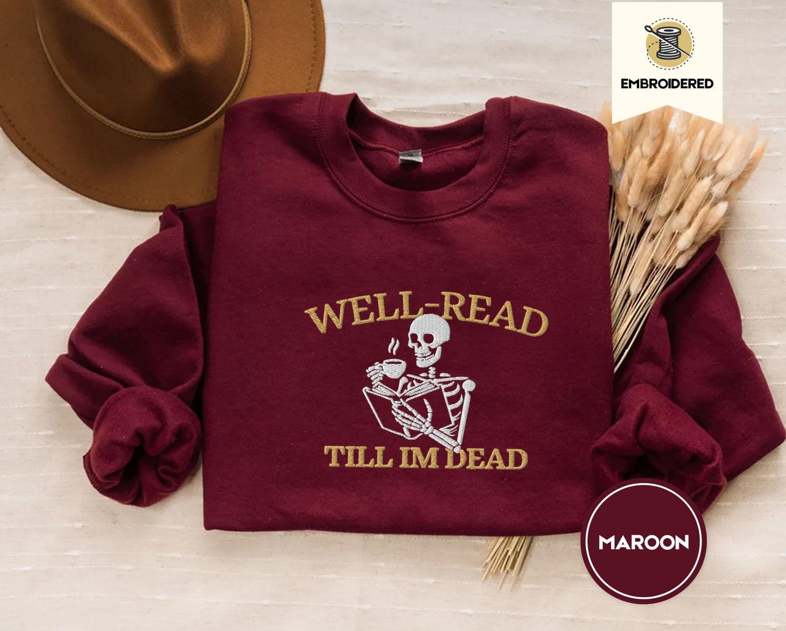 Maroon Skeleton Reader Embroidered Sweatshirt