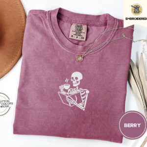 Berry Skeleton Reading With Coffee Embroidered T-Shirt