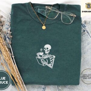 Blue Spruce Skeleton Reading With Coffee Embroidered T-Shirt