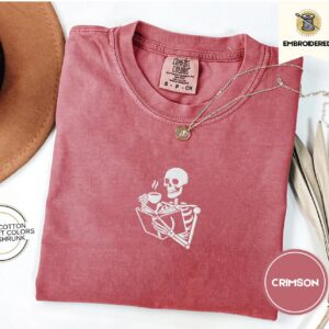 Crimson Skeleton Reading With Coffee Embroidered T-Shirt