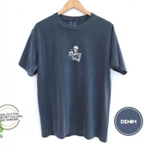 Denim Skeleton Reading With Coffee Embroidered T-Shirt