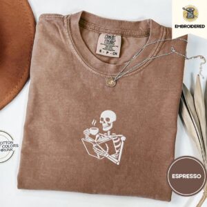Espresso Skeleton Reading With Coffee Embroidered T-Shirt