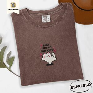 Espresso Slay Serve Survive Cat Embroidered T-Shirt