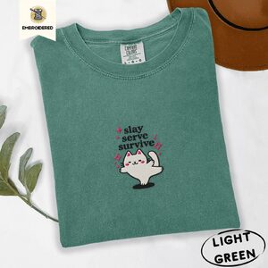 Light Green Slay Serve Survive Cat Embroidered T-Shirt