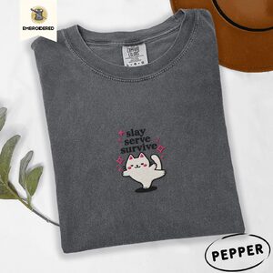 Pepper Slay Serve Survive Cat Embroidered T-Shirt