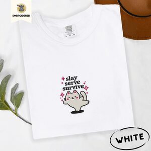 White Slay Serve Survive Cat Embroidered T-Shirt