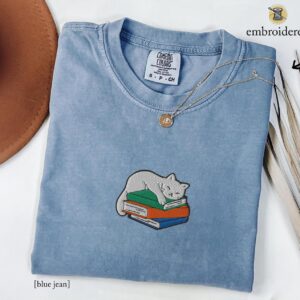 Blue Jean Sleeping Cat on Books Embroidered T-Shirt
