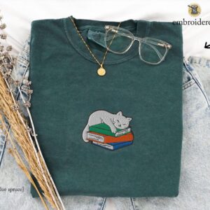 Blue Spruce Sleeping Cat on Books Embroidered T-Shirt