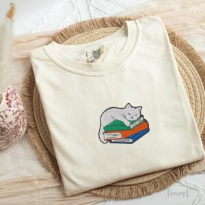 Ivory Sleeping Cat on Books Embroidered T-Shirt