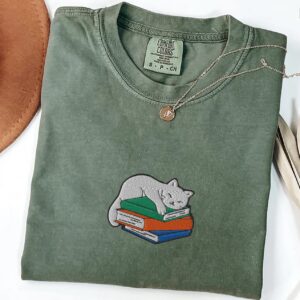 Moss Sleeping Cat on Books Embroidered T-Shirt