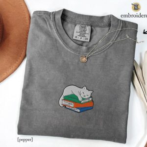 Pepper Sleeping Cat on Books Embroidered T-Shirt