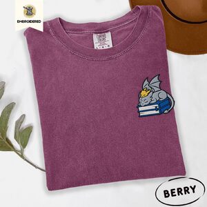 Berry Sleeping Dragons and Books Embroidered T-Shirt