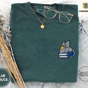 Blue Spruce Sleeping Dragons and Books Embroidered T-Shirt