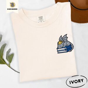 Ivory Sleeping Dragons and Books Embroidered T-Shirt