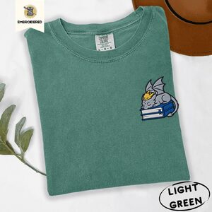 Light Green Sleeping Dragons and Books Embroidered T-Shirt