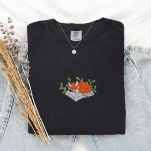 Black Sleeping Fox on Book Embroidered T-Shirt
