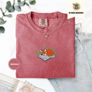 Crimson Sleeping Fox on Book Embroidered T-Shirt