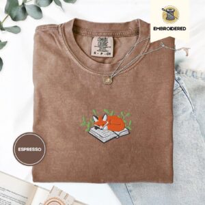 Espresso Sleeping Fox on Book Embroidered T-Shirt