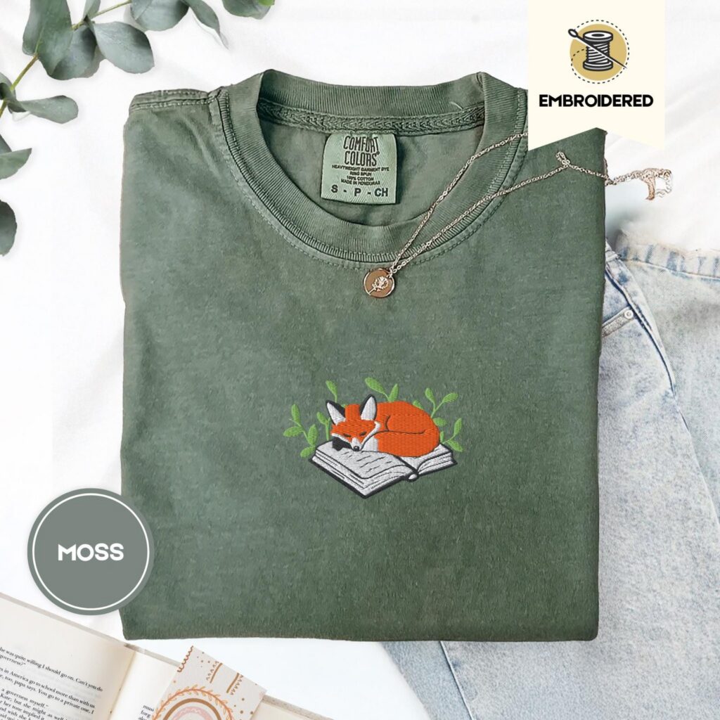 Moss Sleeping Fox on Book Embroidered T-Shirt