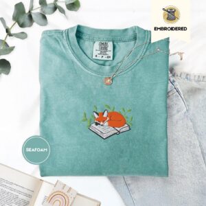 Seafoam Sleeping Fox on Book Embroidered T-Shirt
