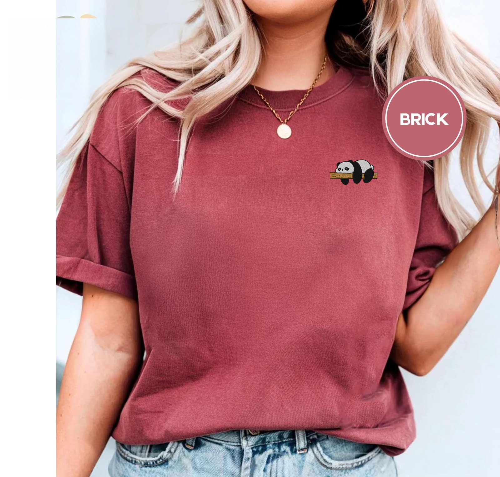 Person wearing a brick Sleeping Panda Embroidered T-Shirt