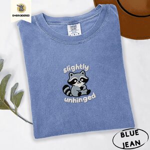 Blue Jean Slightly Unhinged Raccoon Embroidered T-Shirt