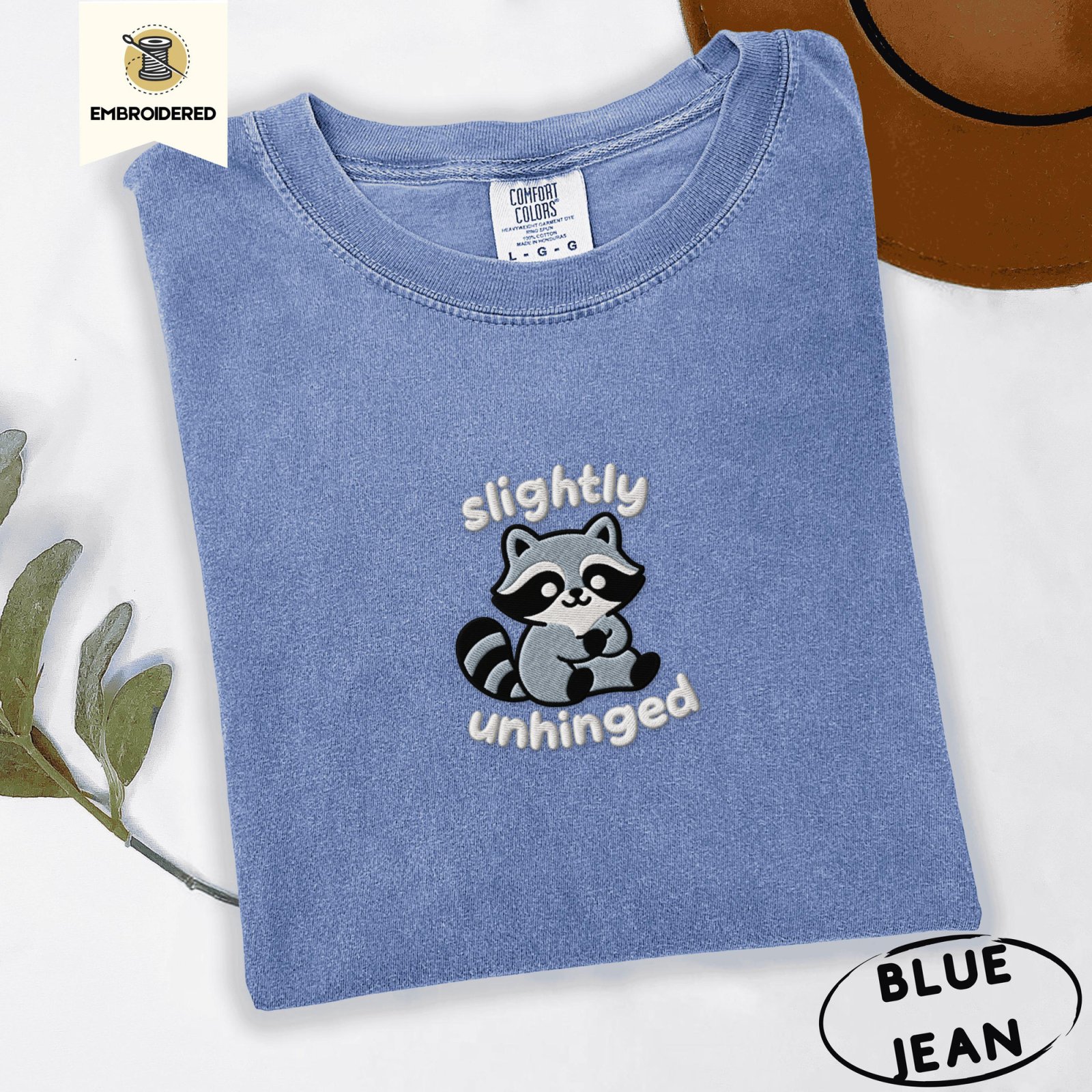 Blue Jean Slightly Unhinged Raccoon Embroidered T-Shirt