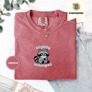 Crimson Slightly Unhinged Raccoon Embroidered T-Shirt